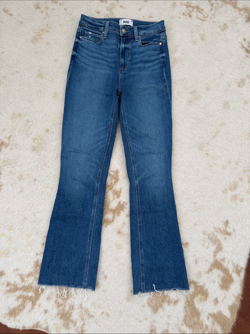 PAIGE Claudine in Painterly Distressed Blue size 26 ankle Jeans with Raw Hem